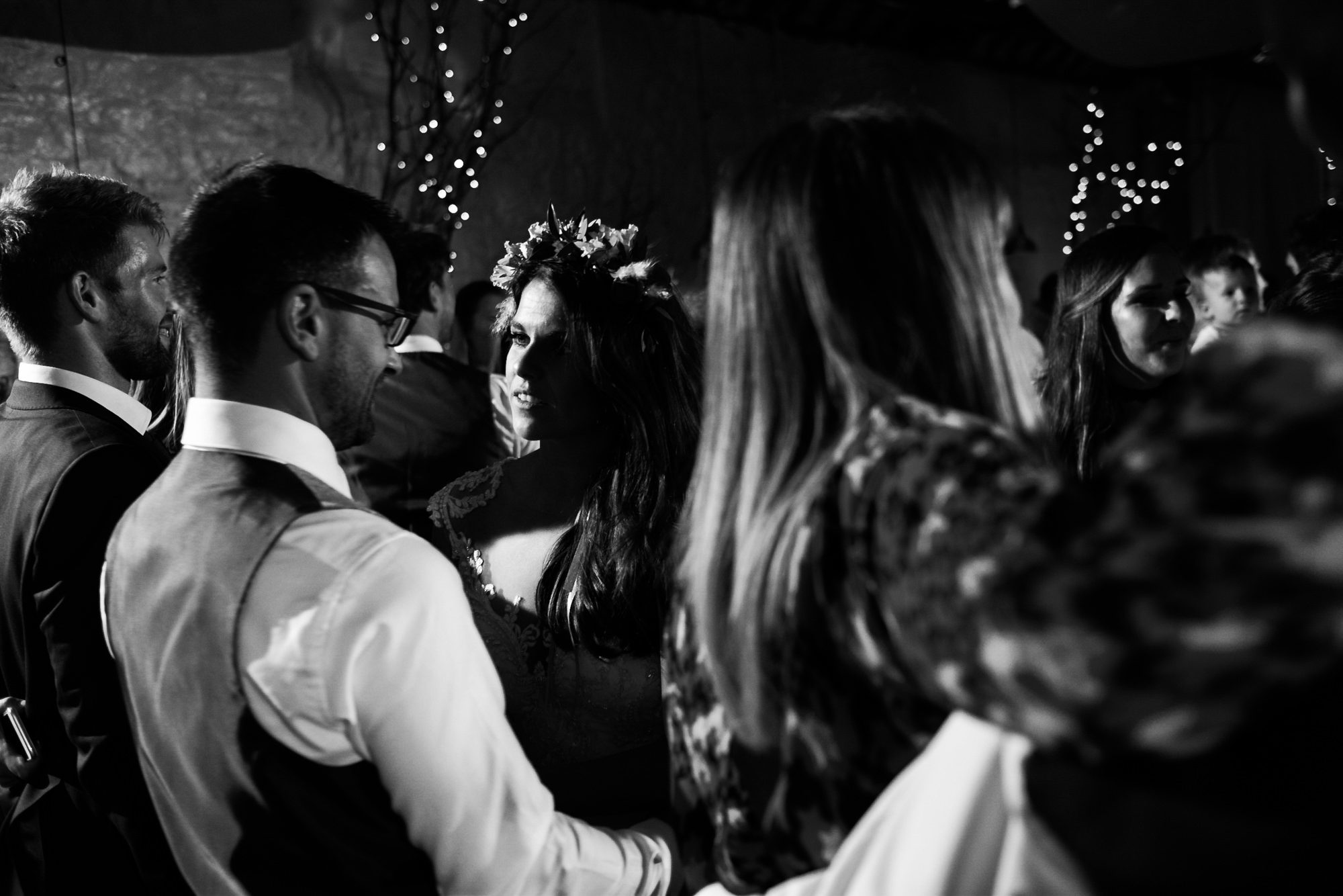 intimate moment between bride and groom on dance floor
